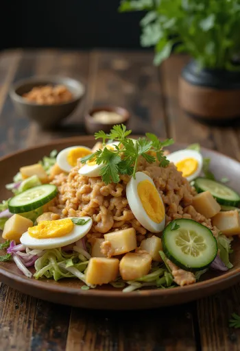 Gado-gado s krompirjem in kumarami, okrašen s svežim koriandrom