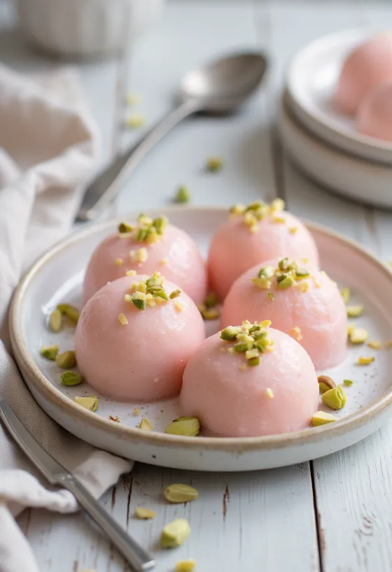 Kulfi z vrtnico, okrašen s pistacijami in cvetnimi listi vrtnice