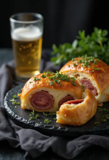 Stromboli s salamo, postrežen z bogato salamo in stopljeno mozzarello na vrhu, zunaj hrustljav, znotraj mehak.