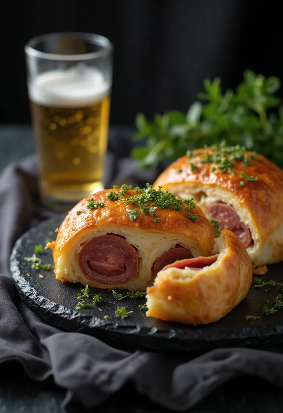 Stromboli s salamo, postrežen z bogato salamo in stopljeno mozzarello na vrhu, zunaj hrustljav, znotraj mehak.