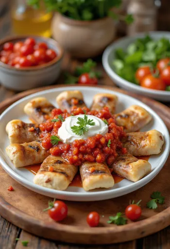 Beyti kebab postrežen s paradižnikovo omako in jogurtom