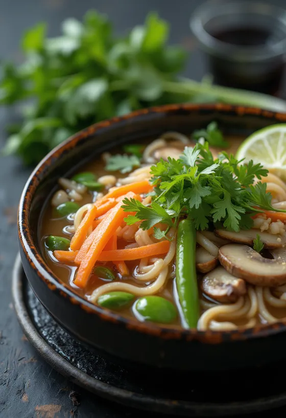 Pho z zelenjavo v skledi, postrežen z riževimi rezanci, zelenjavo, svežim koriandrom in rezinami limete