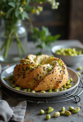 Pistacijeva makova torta postrežena