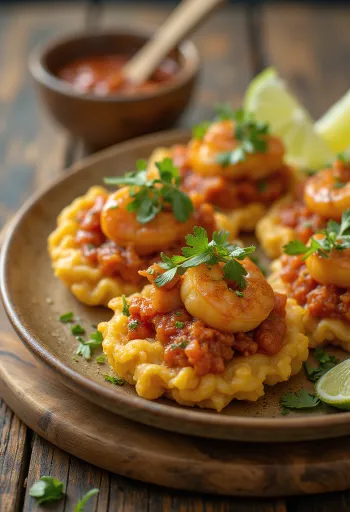 Acarajé s kozicami in črnim fižolom, postrežen kot zlato rjavo ocvrte kroglice