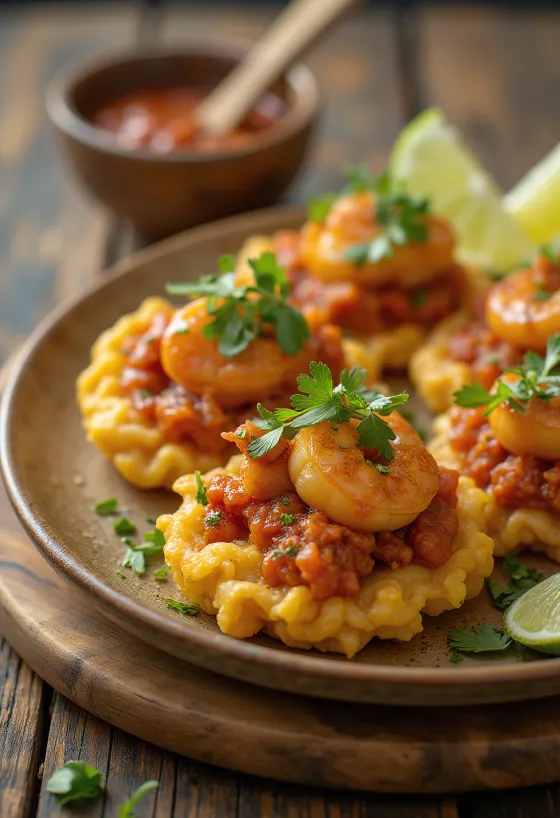 Acarajé s kozicami in črnim fižolom, postrežen kot zlato rjavo ocvrte kroglice