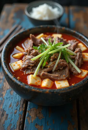 Pikantni Yukgaejang korejska goveja juha rdečkaste barve, s tofujem in zelenjavo