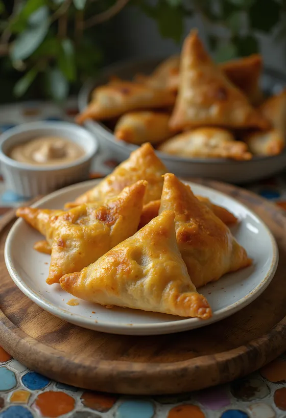 Samosa s česnom in ingverjem postrežena na krožniku