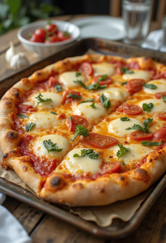 Grandma pizza s podolgovatim testom in sirom