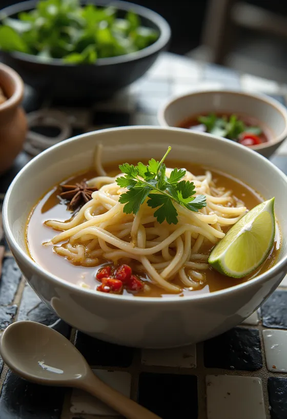 Pho sladko-kisla različica v skledi, postrežen z riževimi rezanci, svežim koriandrom in rezinami limete