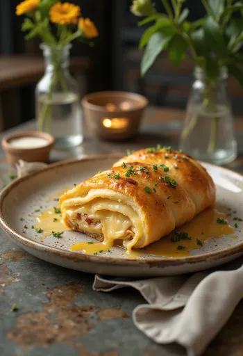 Sveže pečen Stromboli, polnjen s stopljenim sirom trapist, na rustikalni deski.