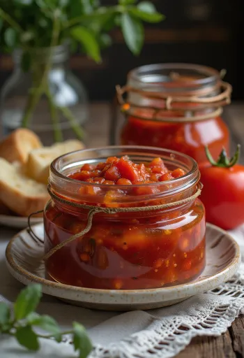 Paradižnikov chutney v kozarcu, bogata rdeča začinjena omaka
