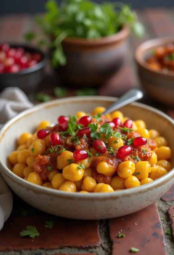 Ghugni chaat z rumenim grahom, postrežen s svežimi listi koriandra in tamarindovim čatnijem
