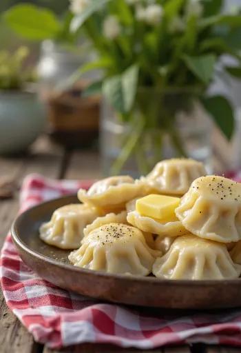 Sibirski pelmeni, postreženi s kislo smetano