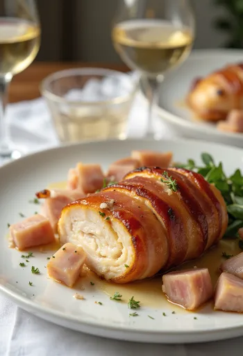 Puranje prsi ovite v slanino, postrežene s svežo zelenjavo