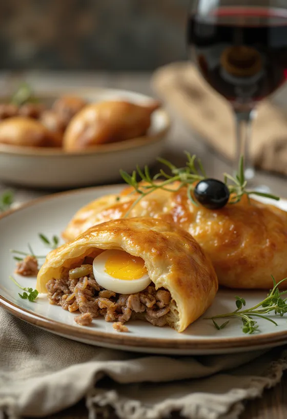Čilska empanada de Pino, čilska mesna empanada s koruzo, v zlato rjavem testu