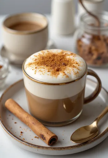 Kremast chai latte posut s cimetom v keramični skodelici