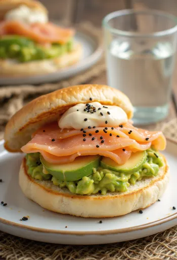 Bao bun z lososom in avokadom postrežen