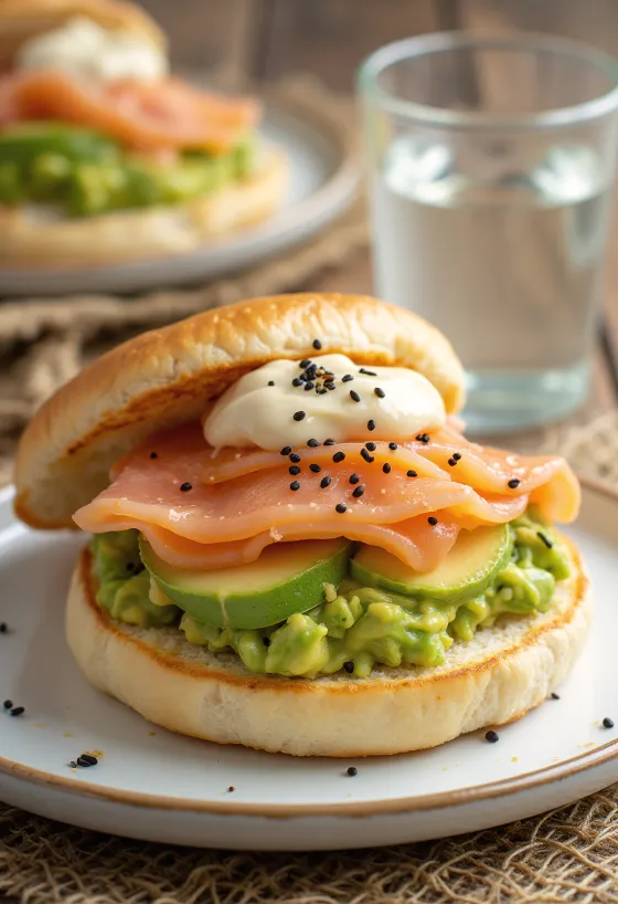 Bao bun z lososom in avokadom postrežen