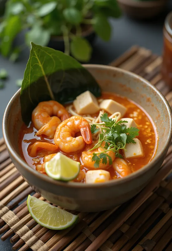 Tom Yum Ramen postrežen v pekoče-kislem fuzijskem slogu