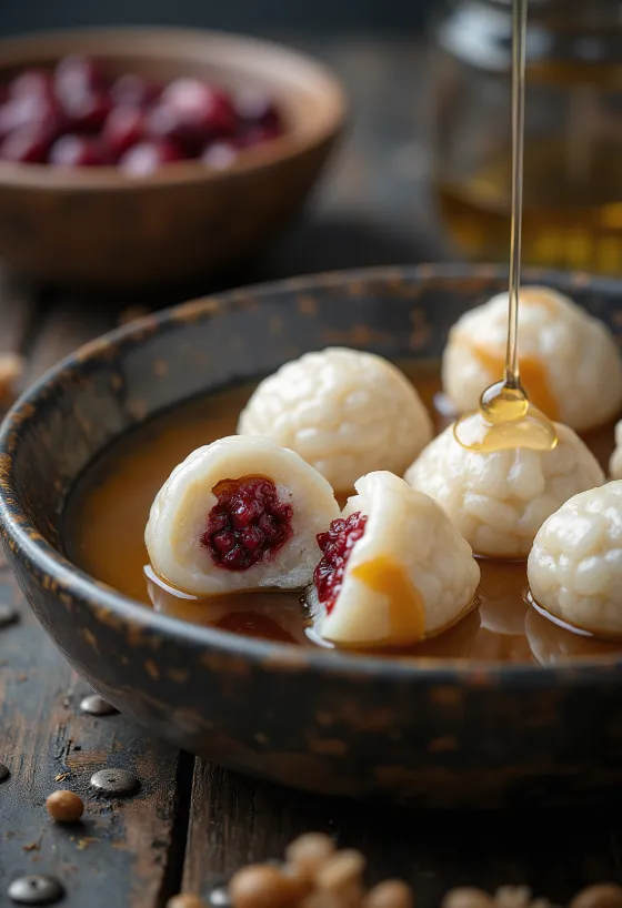 Tangyuan s pirejem iz rdečega fižola, postrežen s sezamovim oljem in sladkorjem