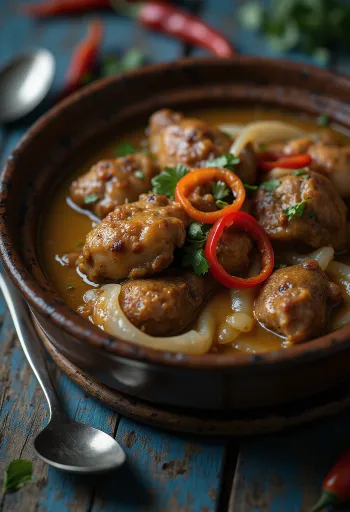 Adobo s kokosovim mlekom, bogata, začinjena jed, postrežena z rižem in koriandrom