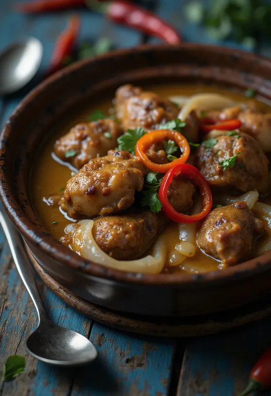 Adobo s kokosovim mlekom, bogata, začinjena jed, postrežena z rižem in koriandrom