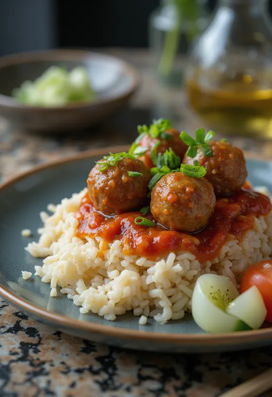 Cơm tấm z mesnimi kroglicami, postrežen s svežo zelenjavo in koriandrom