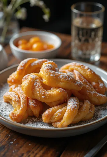 Krhki flancati, posuti s sladkorjem v prahu in postreženi z marmelado