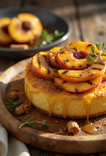 Postreženo BBQ pecivo z breskvami na žaru