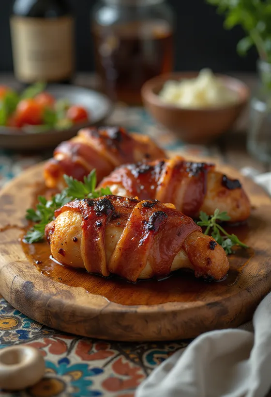 Postrežen prekajen BBQ piščanec v slanini