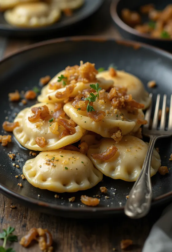 Poljski gobovi pierogi postreženi s kislo smetano