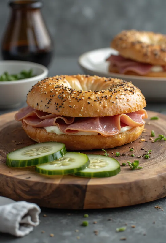 Bagel s prekajenim mesom in kremnim sirom, okrašen s svežim peteršiljem