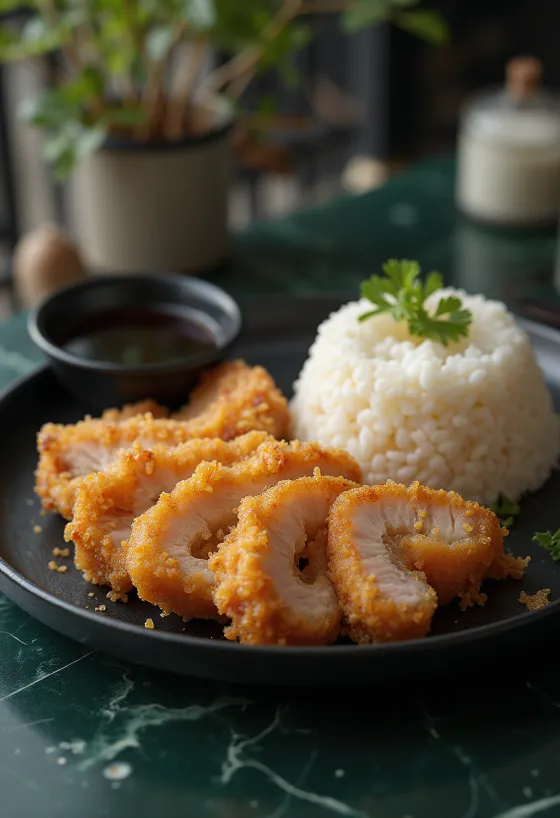 Katsu z riževo prilogo, hrustljavo paniran svinjski zrezek s tonkatsu omako na rižu