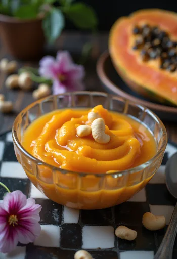 Papaya ka Halwa z bogatimi začinjenimi okusi, praženimi orehi in rožno vodo.