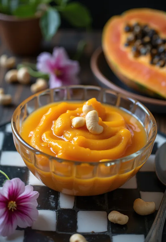 Papaya ka Halwa z bogatimi začinjenimi okusi, praženimi orehi in rožno vodo.
