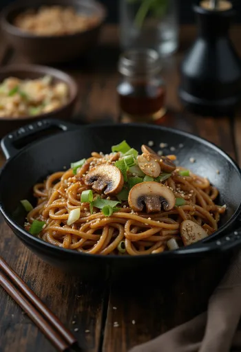 Yakisoba z gobami, zelenjavo in rezanci, okrašena s sezamovimi semeni in koriandrom