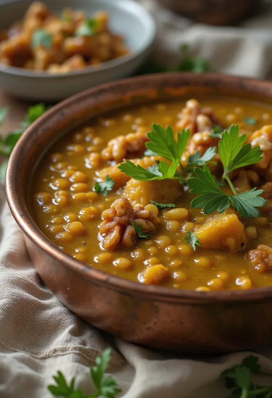 Dal Rajwadi z orehi in začimbami, postrežen s svežim koriandrom in orehi