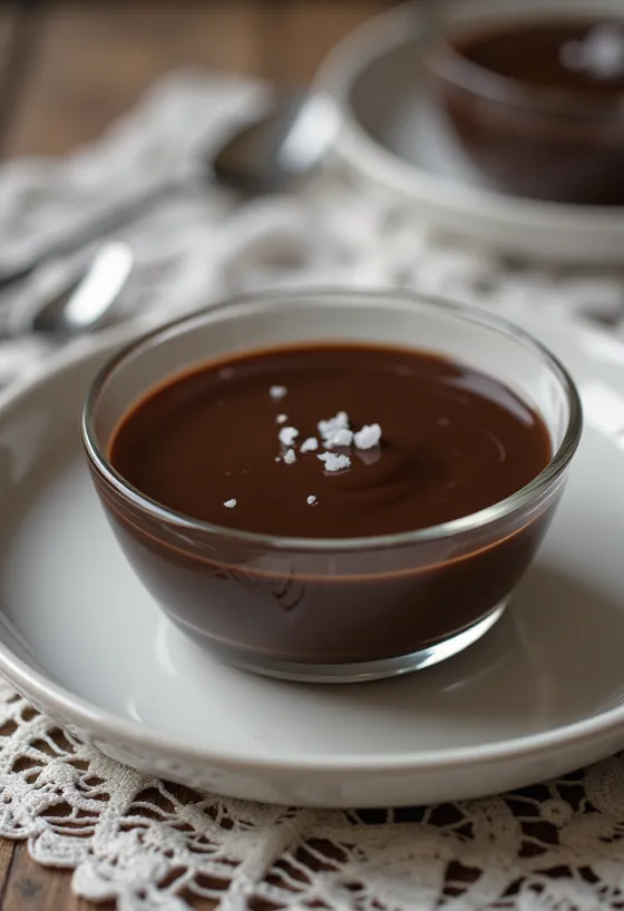 Manjar de chocolate s čokolado, kremaste teksture in okrašen s čokoladnimi ostružki