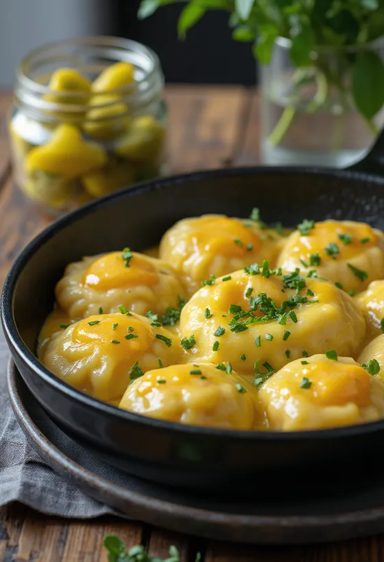 Jajčni vlivanci potreseni s svežim peteršiljem, postreženi z domačo vloženo zelenjavo.