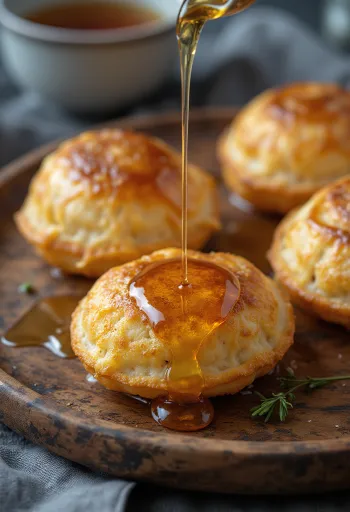 Æbleskiver sladkani z medom, sveži in mehki krofi