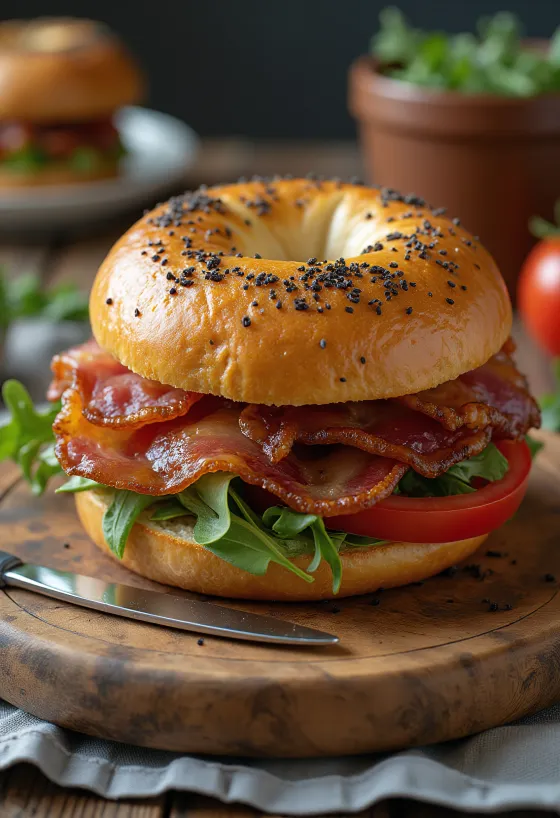 Postrežen bagel s slanino