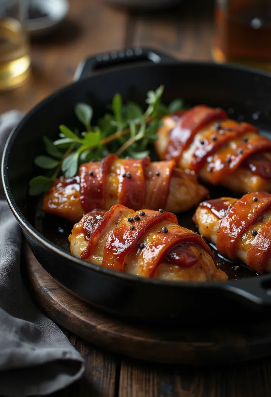Piščančje prsi ovite v BBQ slanino sočno postrežene