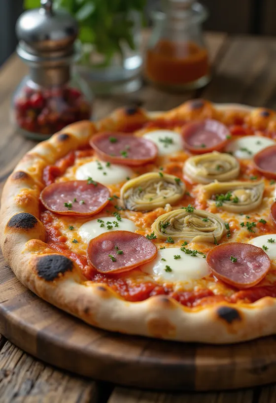 Pizza Capricciosa s salamo, postrežena