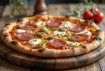 Pizza Capricciosa s salamo, postrežena