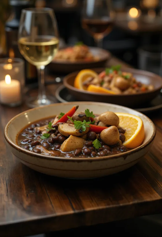 Feijoada s prekajenimi gobami, postrežena s svežim koriandrom in kuhanim rižem