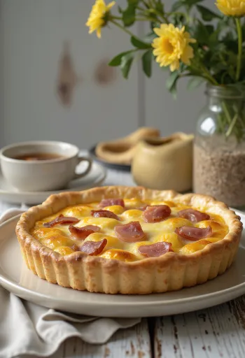 Quiche z dimljenim sirom in šunko narezan na krožniku