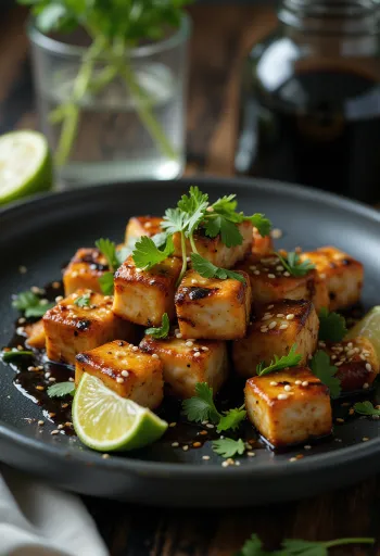 Pikanten tofu z limeto, postrežen, potresen s sezamom in koriandrom