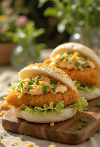 Hrustljav ribji bao bun s panko drobtinami, postrežen