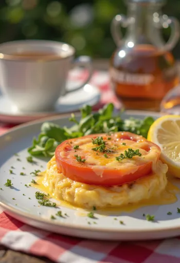Welsh rarebit s paradižnikom, okrašen z rezino pečenega paradižnika na vrhu sirne omake.