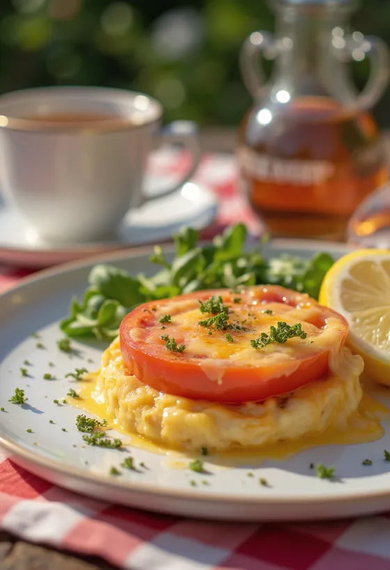 Welsh rarebit s paradižnikom, okrašen z rezino pečenega paradižnika na vrhu sirne omake.